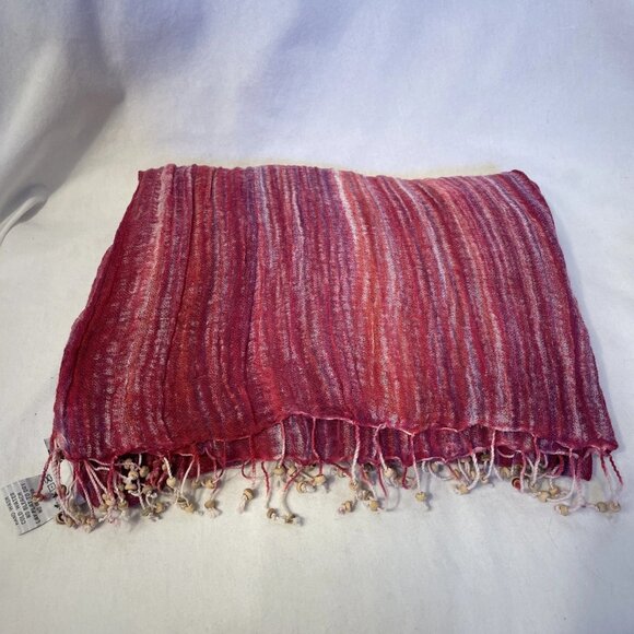 Nomadic Traders 70" x 30" Pink Red Striped Scarf Head Wrap Beaded Fringe - Picture 7 of 9